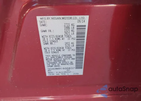 2015 Nissan Pathfinder Platinum/S/Sl/Sv z USA, uszkodzony, nr VIN 5N1AR2MN9FC600837